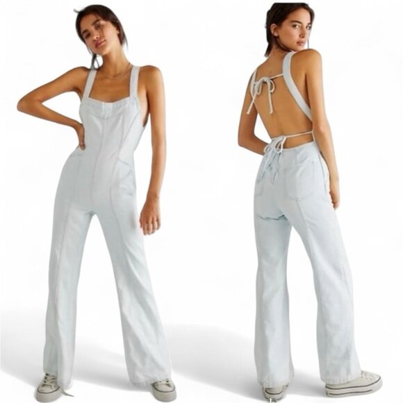 Free People Kendra Denim Tie-Back Flared Leg Jumpsuit Size M - Picture 1 of 8